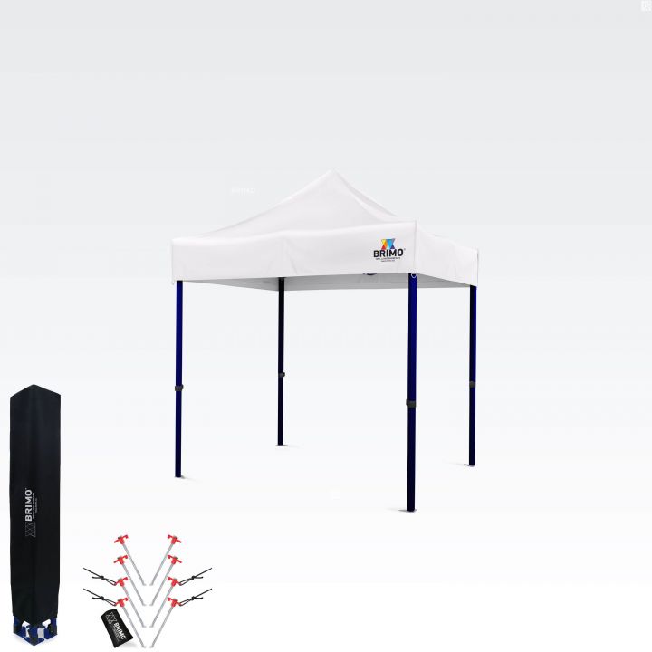 Valkoinen juhlateltta 2x2m Brimo teräsrakenteella, ihanteellinen cateringia ja puutarhaa varten.